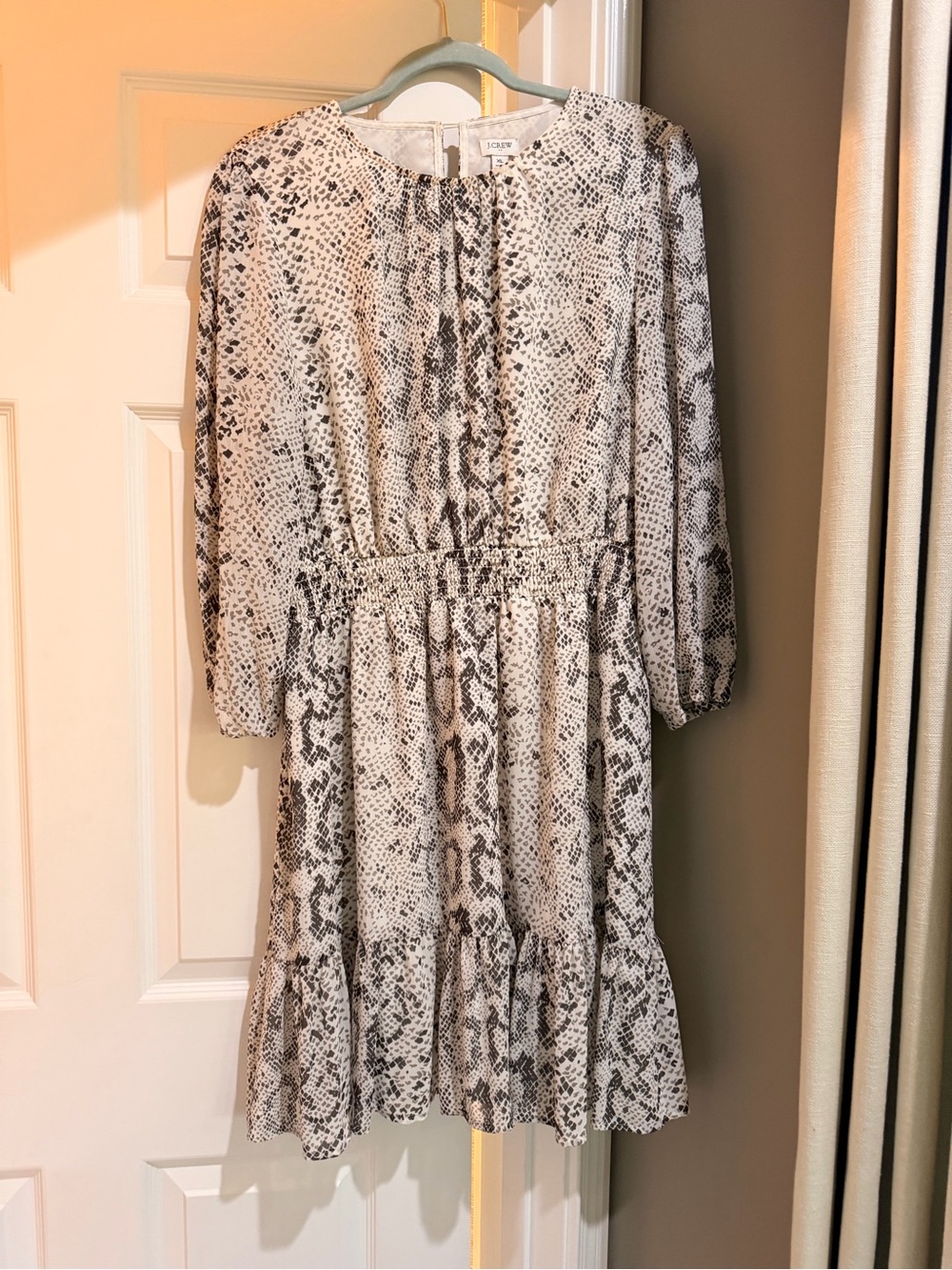 J.Crew Snake-Print Long Sleeve Tiered Dress in Neutrals and Greys